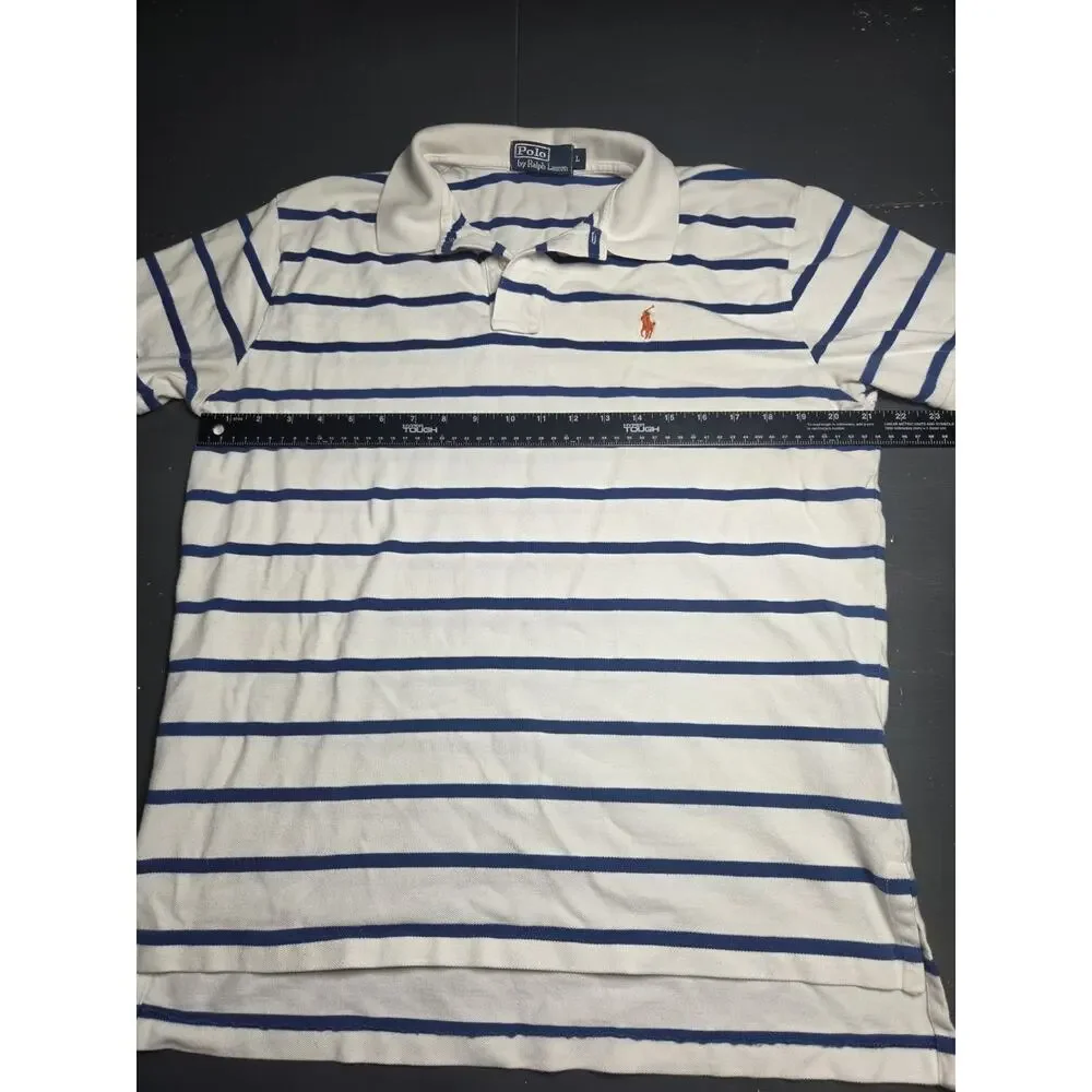 Polo Ralph Lauren Mens Large White Blue Striped Pony Polo Shirt Cotton Classic